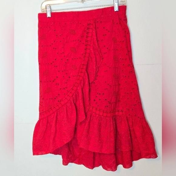 Solitaire Eyelet Embroidered Romantic Boho Faux Wrap Hi-Lo Midi Skirt, Large - Picture 1 of 5
